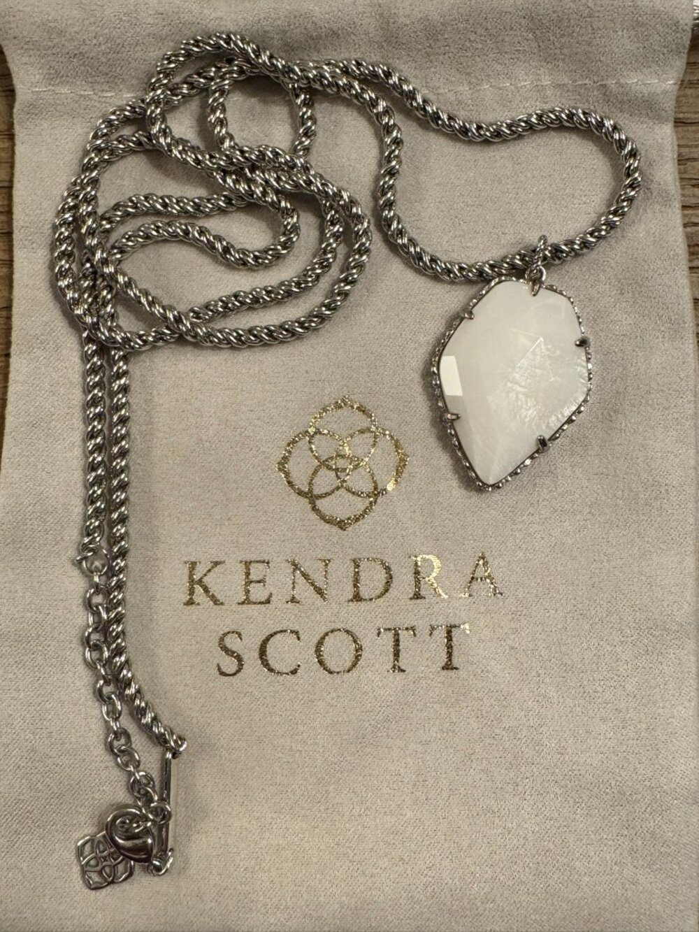 ✨ Kendra Scott Corla Necklace - White Faceted Stone Pendant with Silver Chain